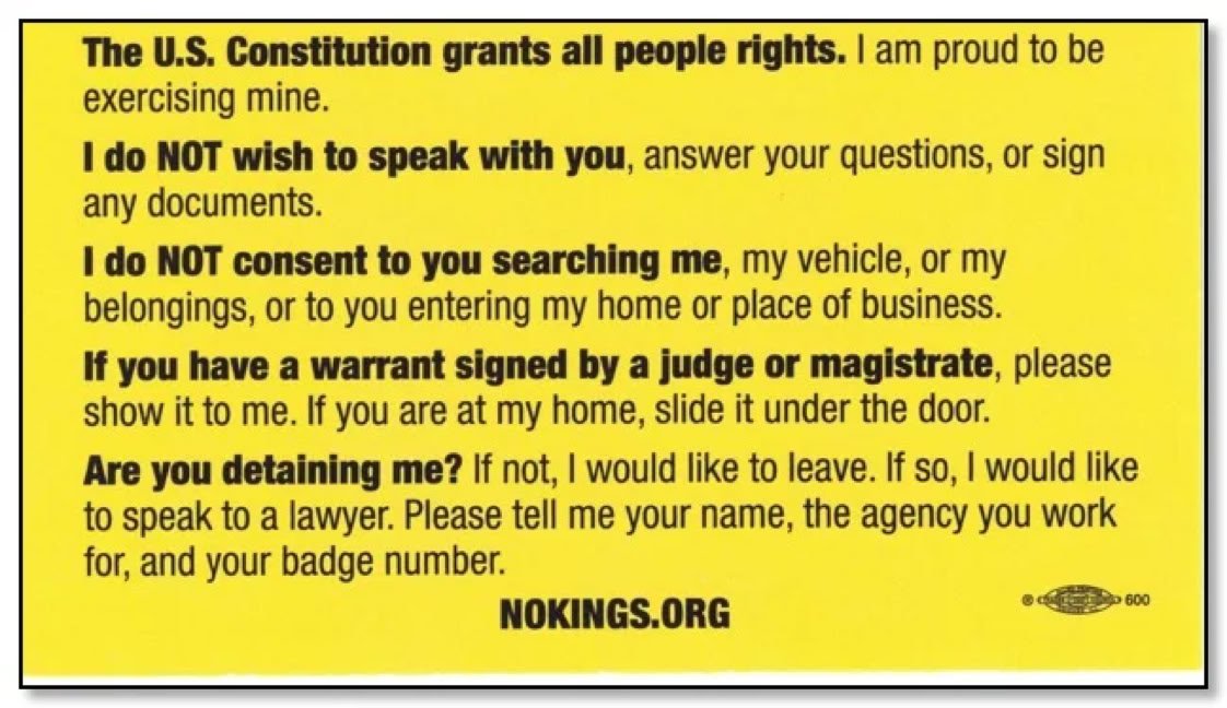 Know Your Rights (back side of card)